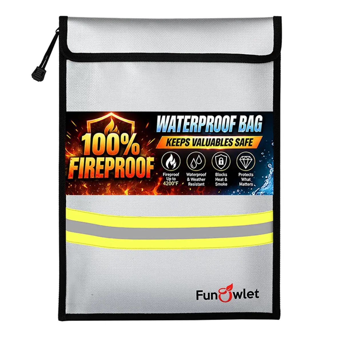 FunOwlet Fireproof Waterproof Money Document Bag 15" x 11" Gray | Fire & Water Resistant Organizer - main product image