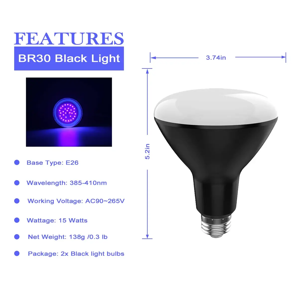 U4GLORY BR30 UV Black Light Bulb 2-Pack | 15W E26 Base UVA 385-410nm - view 2