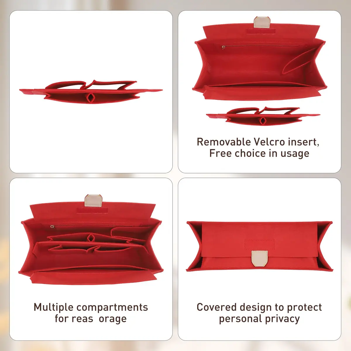 Doxo Felt Purse Organizer Insert with Cover for LV On The Go MM, Red | 35.4cm x 18.8cm x 6.5cm (13.9" x 7.4" x 2.6") - view 5