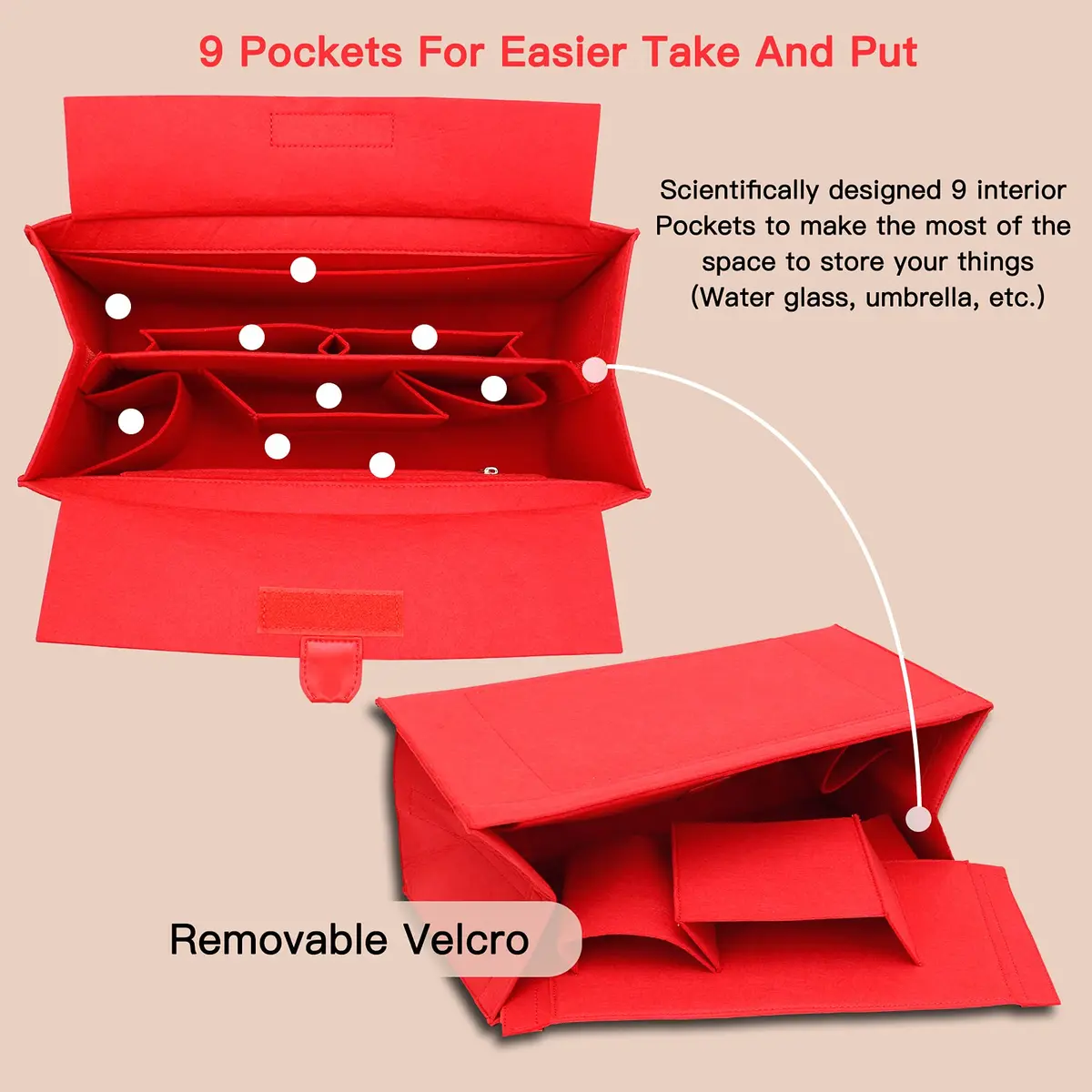 Doxo Felt Purse Organizer Insert with Cover for LV On The Go MM, Red | 35.4cm x 18.8cm x 6.5cm (13.9" x 7.4" x 2.6") - view 6