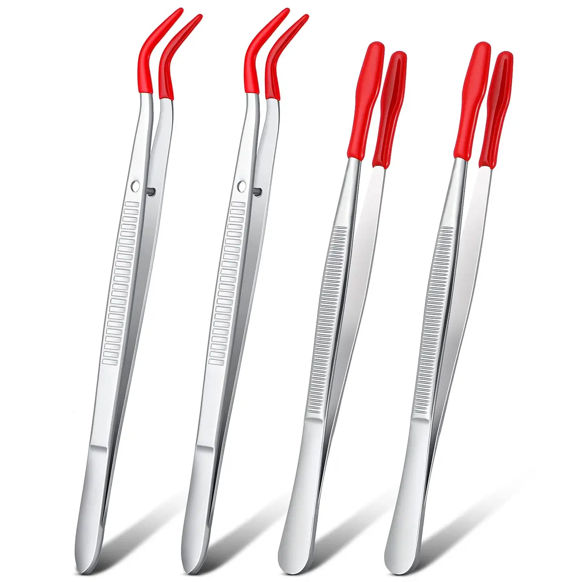Honoson Red Bent Tip Tweezers with Rubber Tips & Flat Tip Tweezers, 15cm (5.9in) & 12cm (4.7in) | Precision Grip for Crafts & Lab Work - main product image