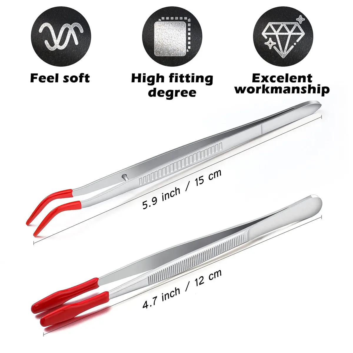 Honoson Red Bent Tip Tweezers with Rubber Tips & Flat Tip Tweezers, 15cm (5.9in) & 12cm (4.7in) | Precision Grip for Crafts & Lab Work - view 7