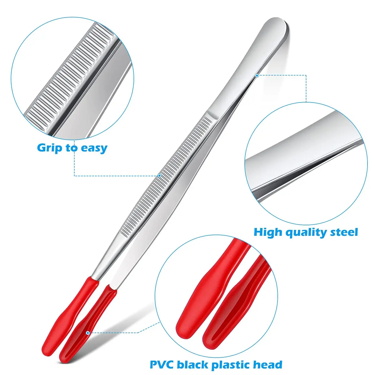 Honoson Red Bent Tip Tweezers with Rubber Tips & Flat Tip Tweezers, 15cm (5.9in) & 12cm (4.7in) | Precision Grip for Crafts & Lab Work - view 2