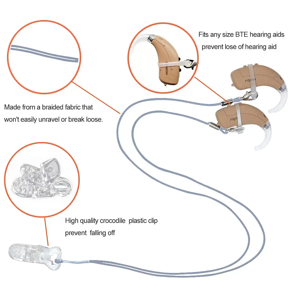 Anico Hearing Aid Clip Anti-Lost Lanyard for Behind-the-Ear & RIC Hearing Aids, Adults & Kids | Secure Braided Nylon Cord with Crocodile Clip & 6 Silicone Loops (Gray) - view 2