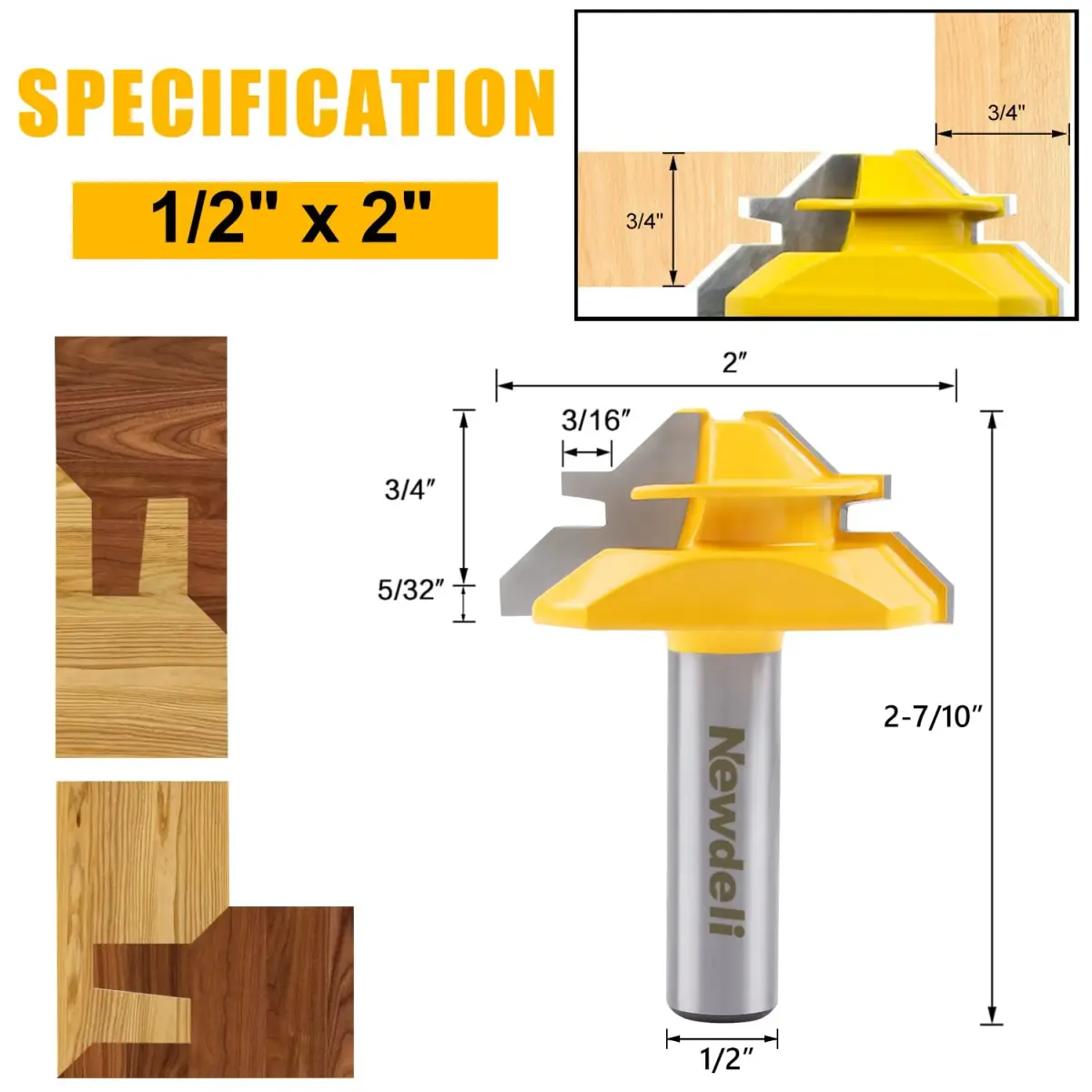 Newdeli 45 Degree Lock Miter Router Bit 1/2 Inch Shank, 3/4" Stock Joint Router Bit | Connects Boards at 90 Degrees for Woodworking - view 2