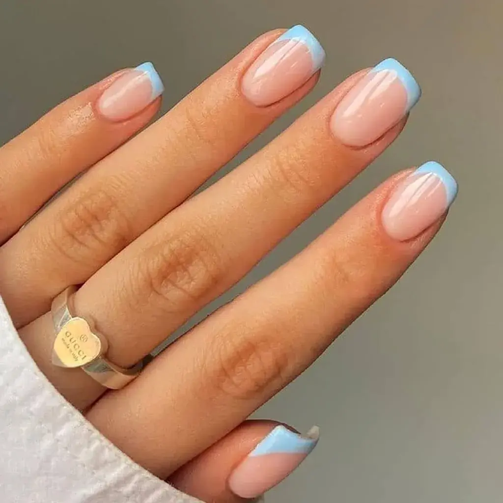 RikView French Tip Press on Nails Oval Glossy Full Cover Acrylic Nails (Blue) | 24 Nails + File + Glue - main product image