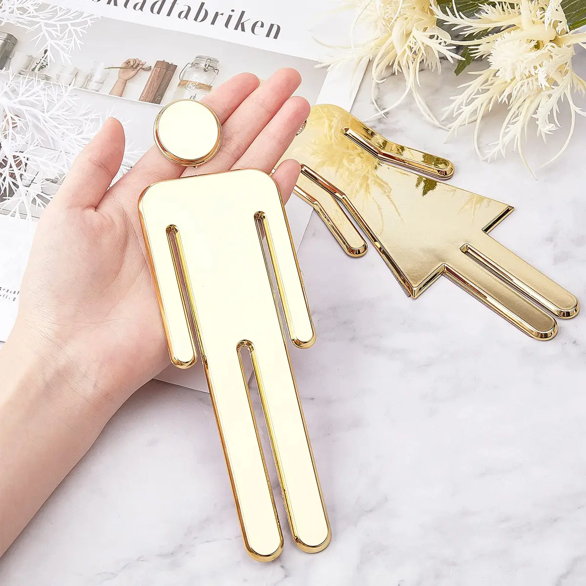 GORGECRAFT Restroom Identification Signs Men Women Gold Plastic Door Signage Set | 19.5 cm (7.67") Male, 19 cm (7.48") Female - view 3
