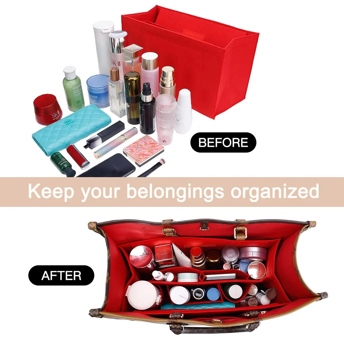 Doxo Felt Purse Organizer Insert for LV On The Go GM, Red Cover, 36cm (14.1" W x 7.7" H x 6.3" D) | Keeps Luxury Bags Shaped & Organized - view 6