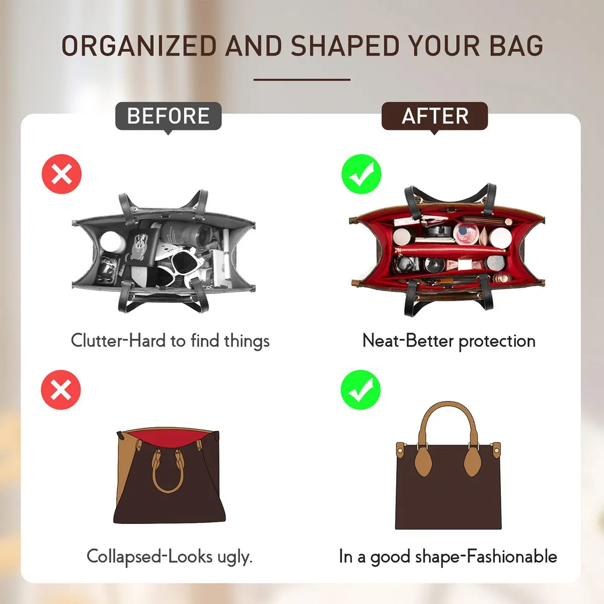 Doxo Felt Purse Organizer Insert for LV On The Go GM, Red Cover, 36cm (14.1" W x 7.7" H x 6.3" D) | Keeps Luxury Bags Shaped & Organized - view 3