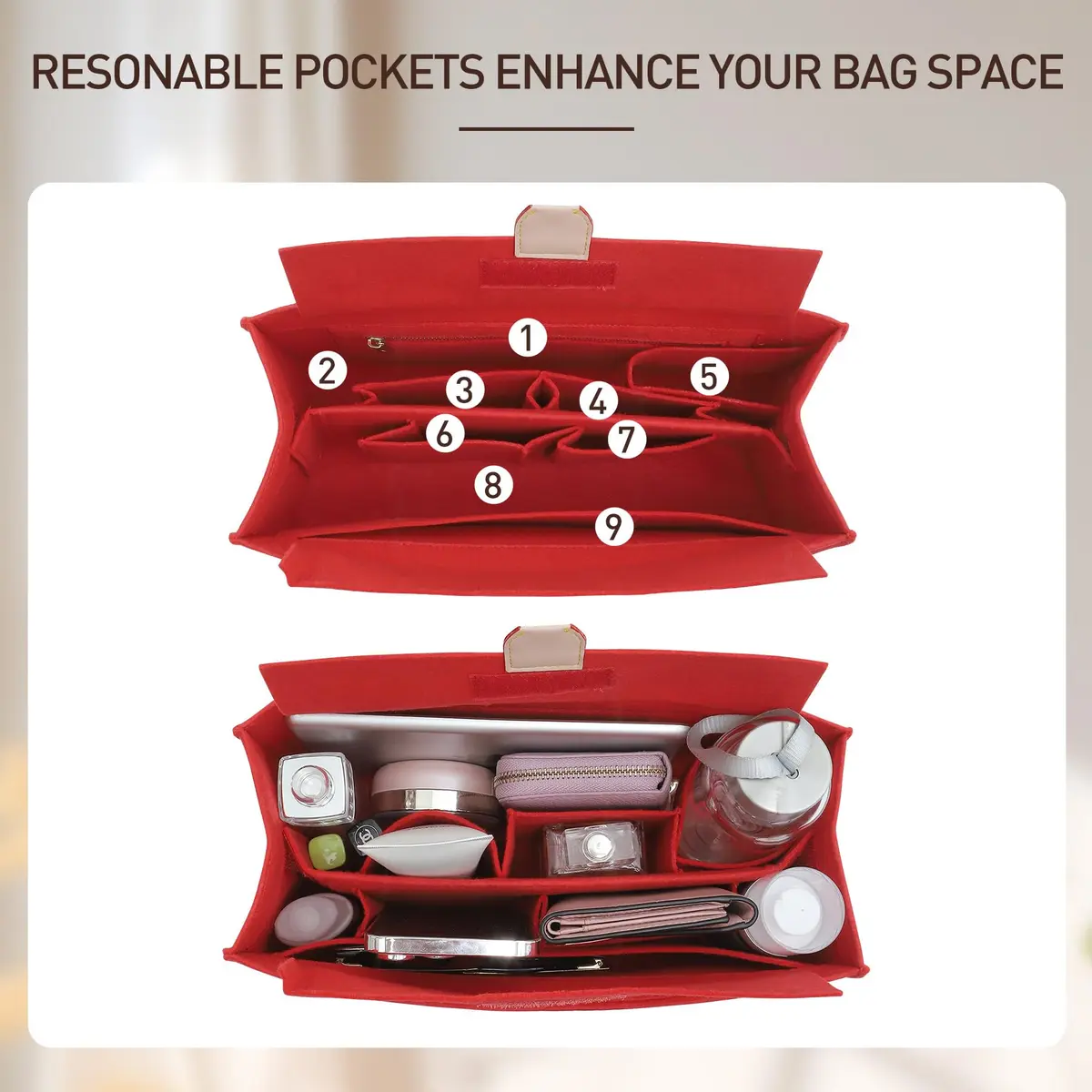 Doxo Felt Purse Organizer Insert for LV On The Go GM, Red Cover, 36cm (14.1" W x 7.7" H x 6.3" D) | Keeps Luxury Bags Shaped & Organized - view 4
