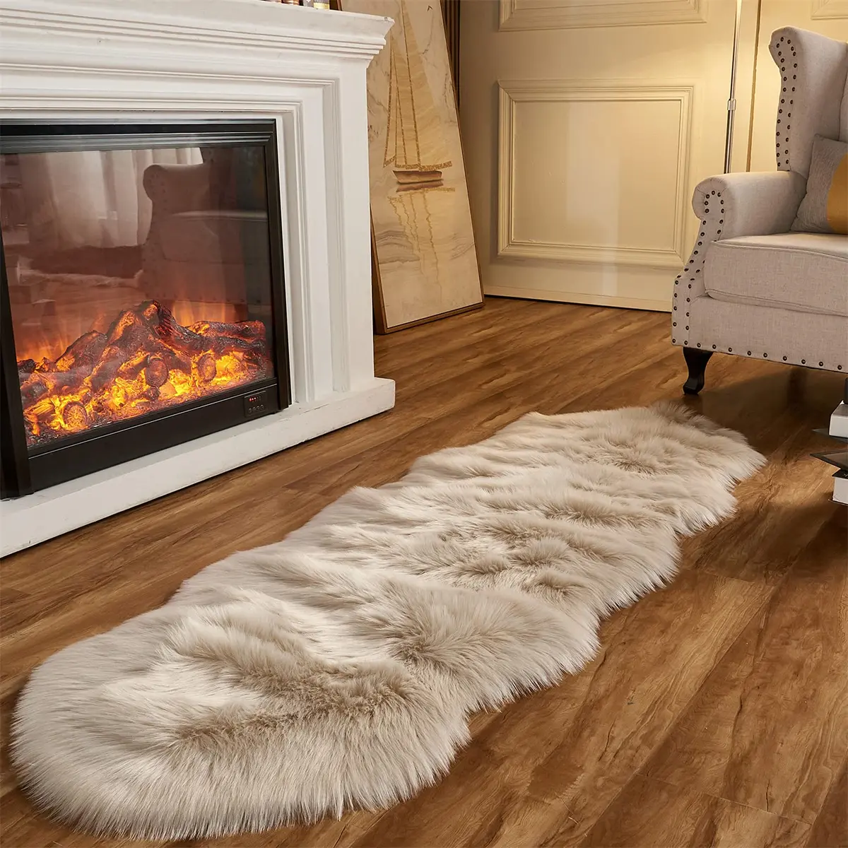 Arbosofe Faux Fur Rug, 2 x 6 Feet | Beige Fluffy Sheepskin for Bedroom & Living Room - main product image
