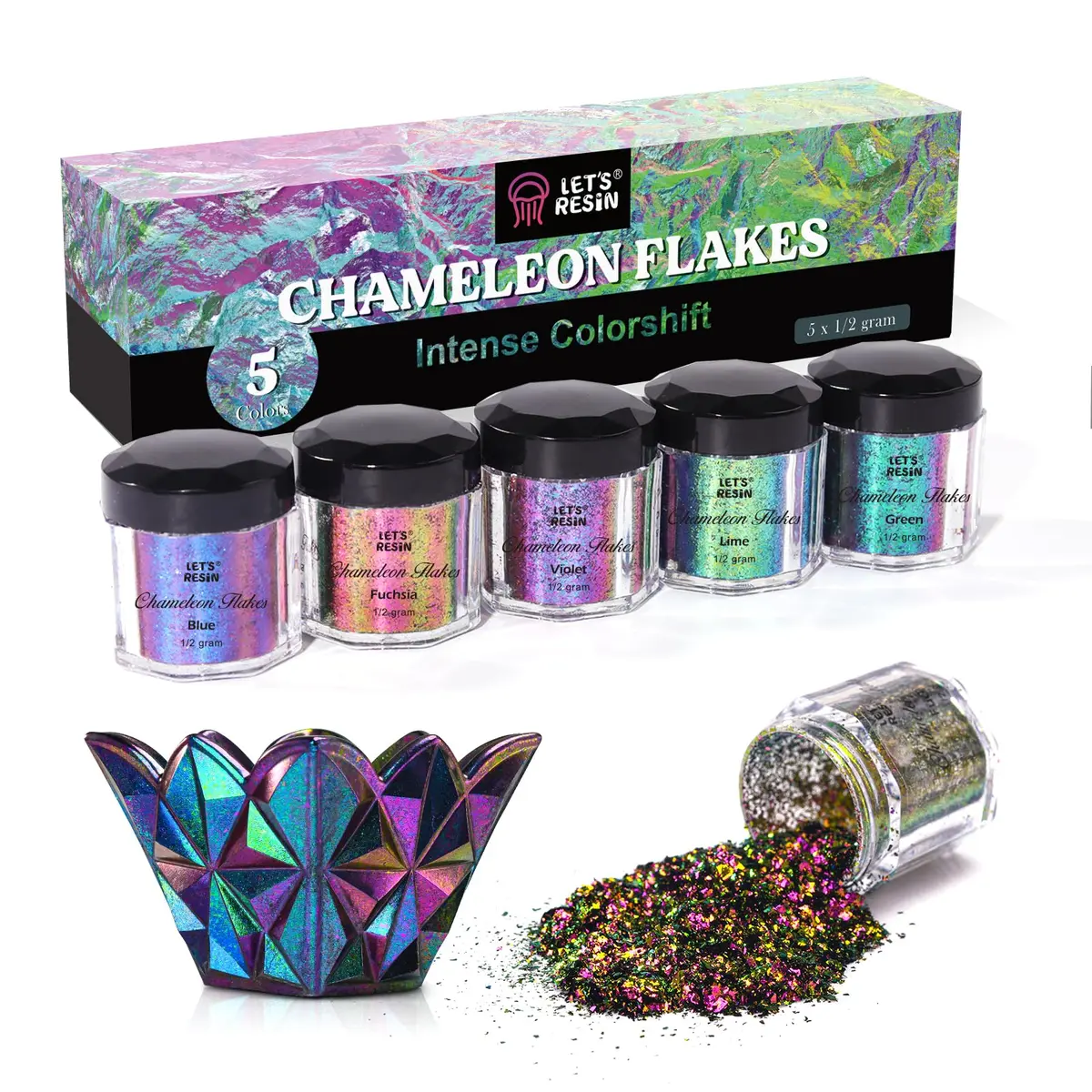 LET'S RESIN Chameleon Flakes Resin Supplies | Intense Color Shift, 5 Colors, 0.5g Each - main product image