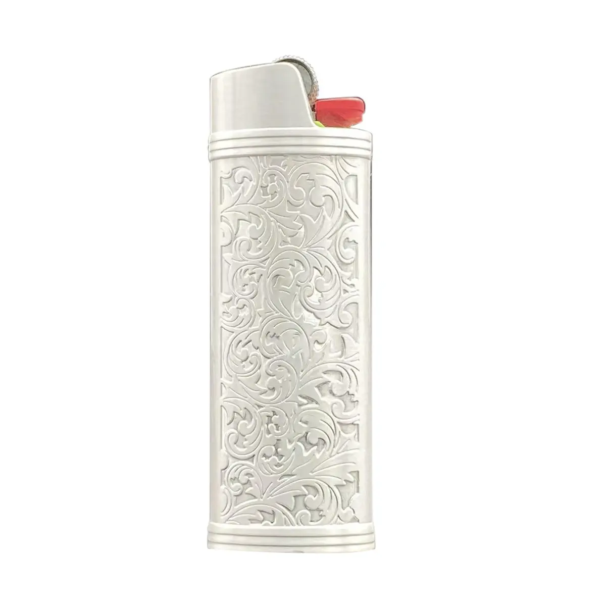 Lucklybestseller Metal Lighter Case Cover Holder Vintage Floral Stamped for BIC Full Size Lighter J6 (White Gold) | Protective Case - main product image