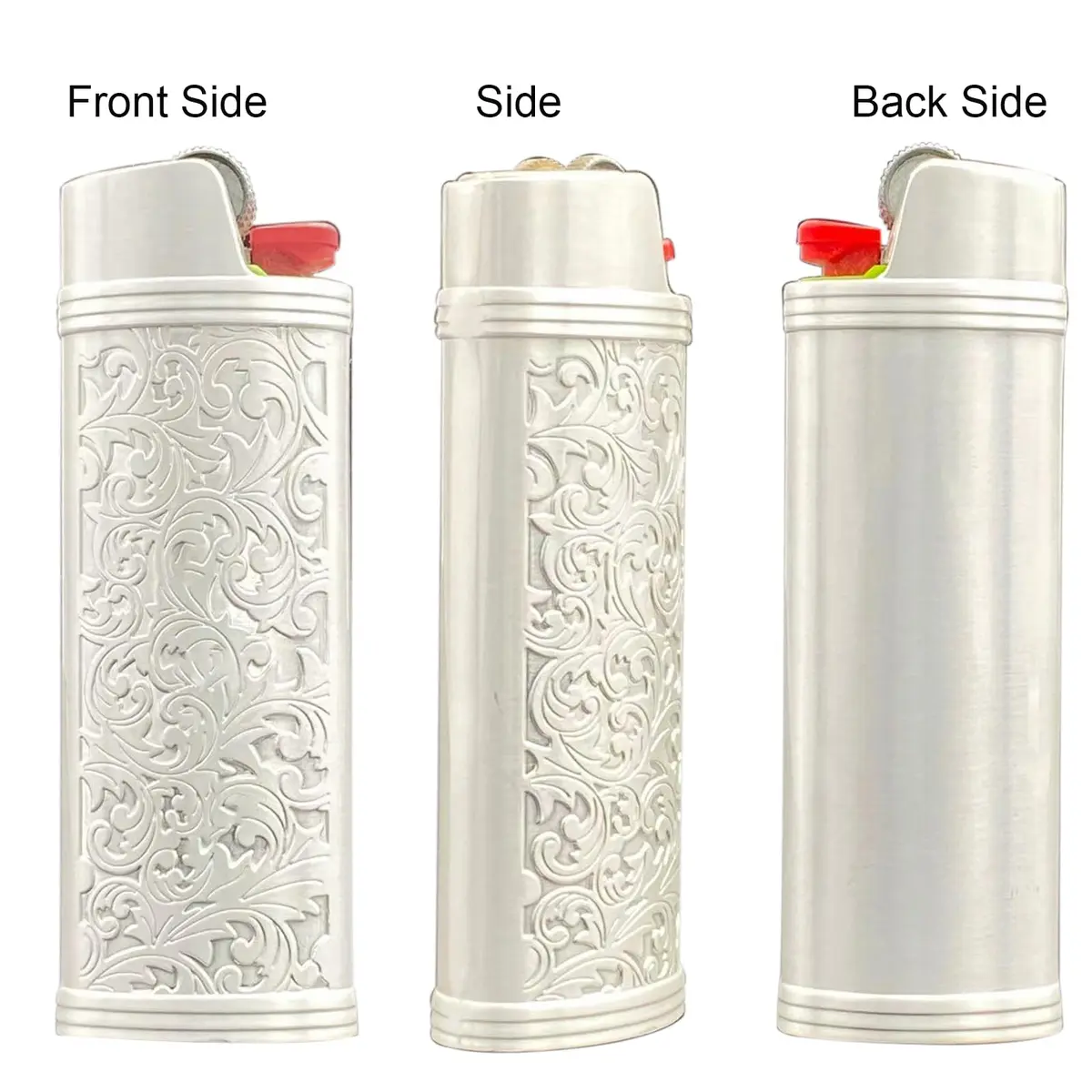 Lucklybestseller Metal Lighter Case Cover Holder Vintage Floral Stamped for BIC Full Size Lighter J6 (White Gold) | Protective Case - view 2
