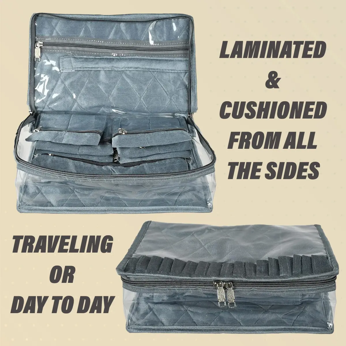 Kuber Industries Grey Laminated PVC Travel Jewelry Organizer | 30cm x 20cm x 11cm (13 Pouches) - view 5