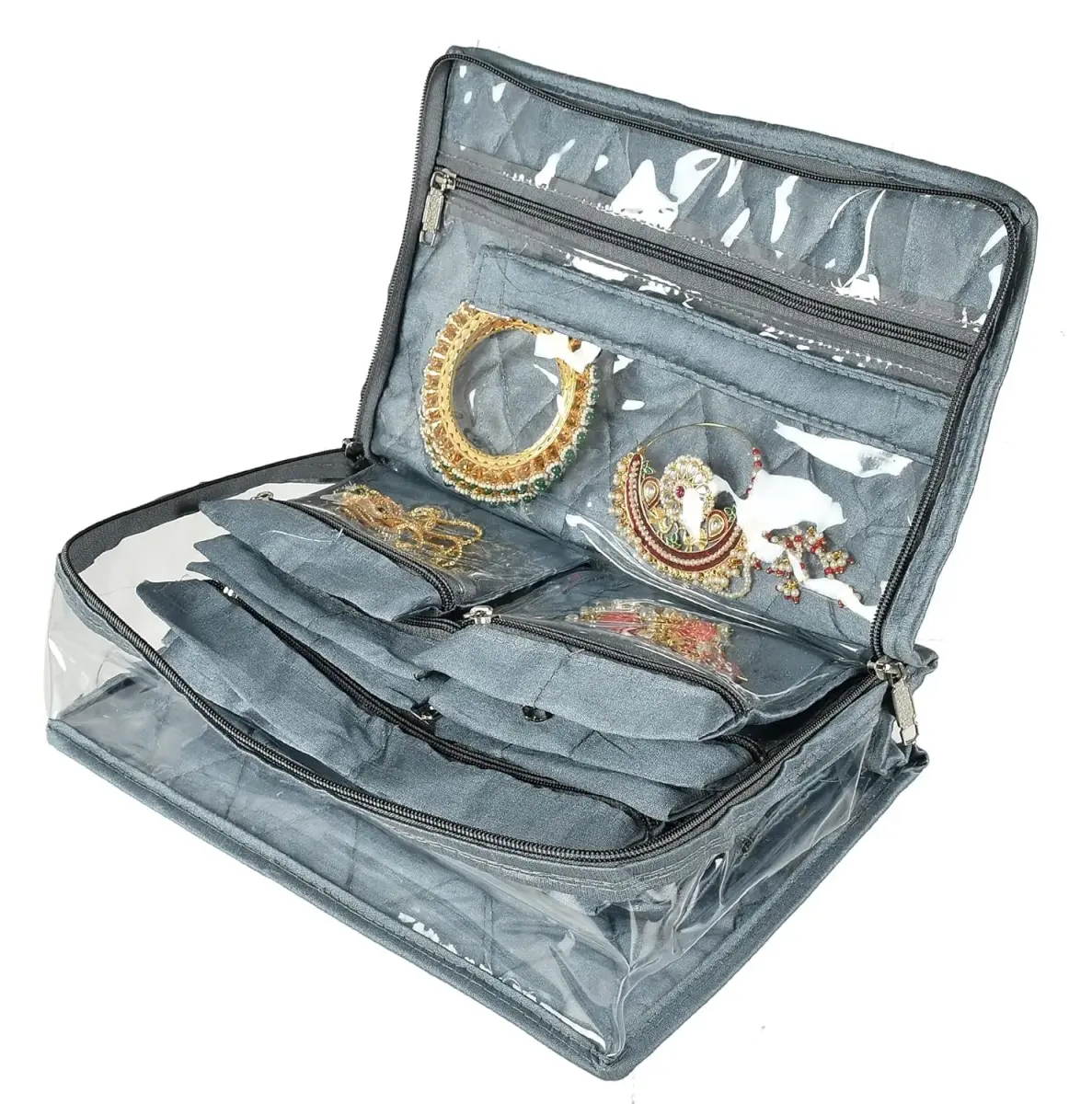 Kuber Industries Grey Laminated PVC Travel Jewelry Organizer | 30cm x 20cm x 11cm (13 Pouches) - view 6