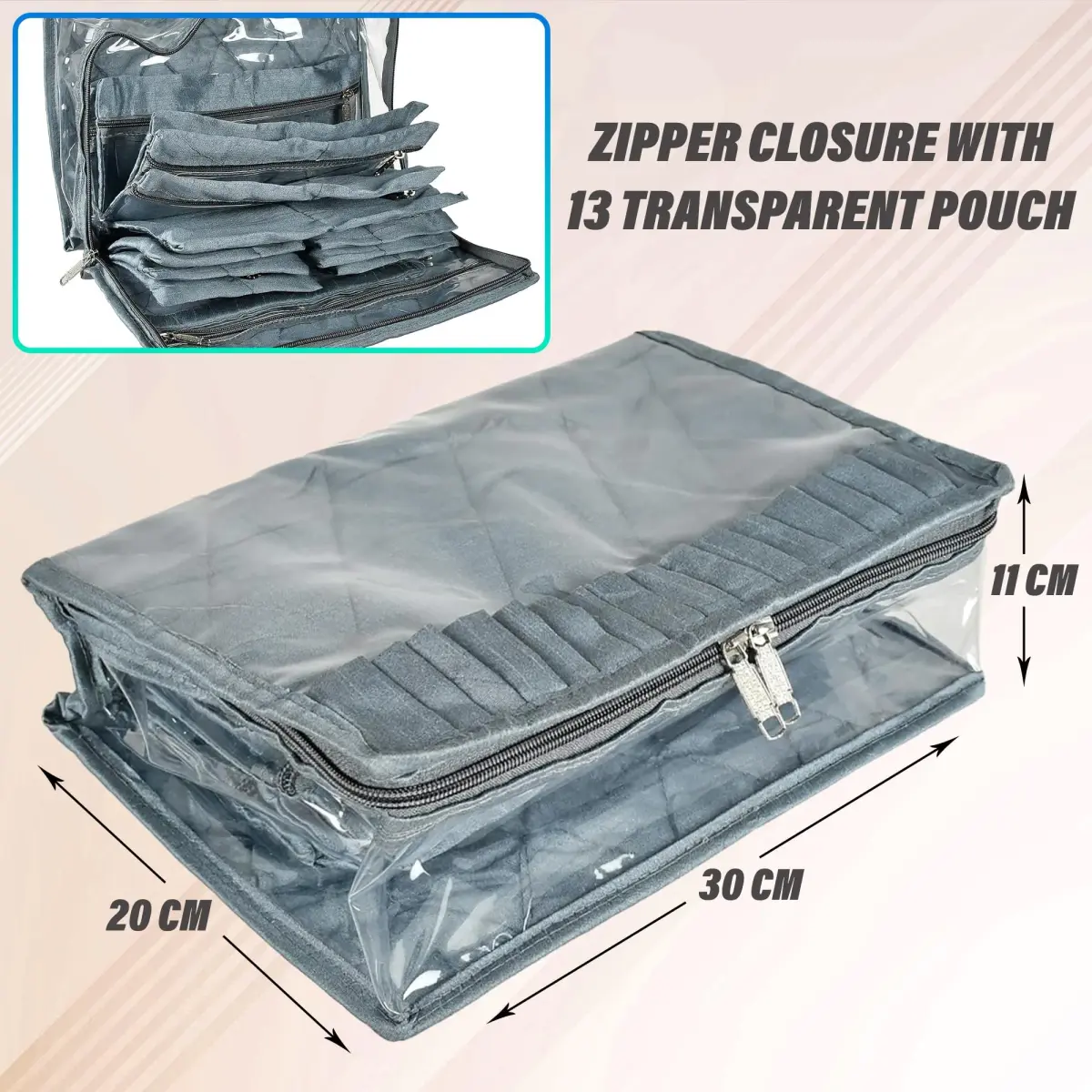 Kuber Industries Grey Laminated PVC Travel Jewelry Organizer | 30cm x 20cm x 11cm (13 Pouches) - view 3