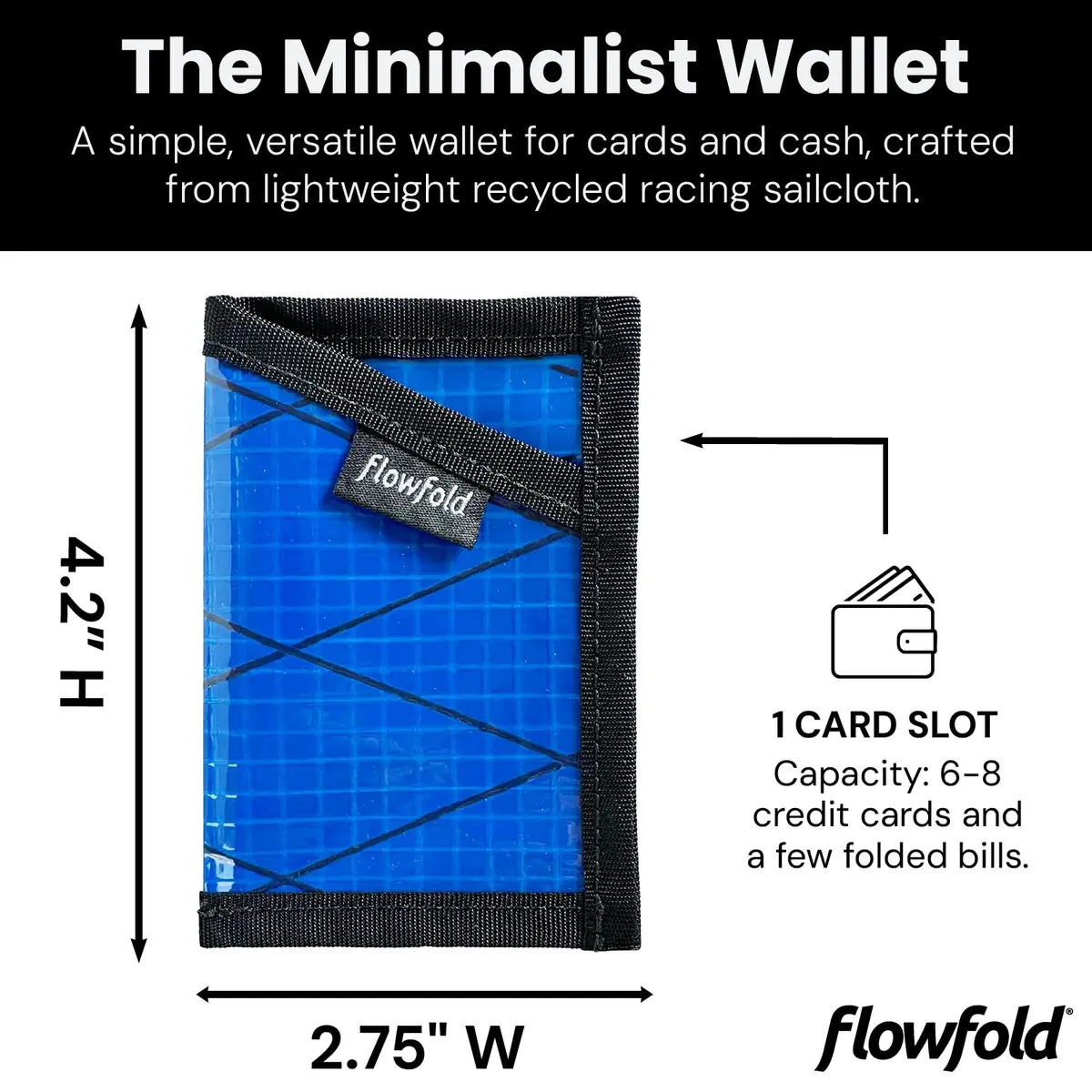 Flowfold Recycled Sailcloth Minimalist Card Holder Wallet | Slim & Durable, Made in USA, Holds 6-8 Cards, Blue Sailcloth - view 2