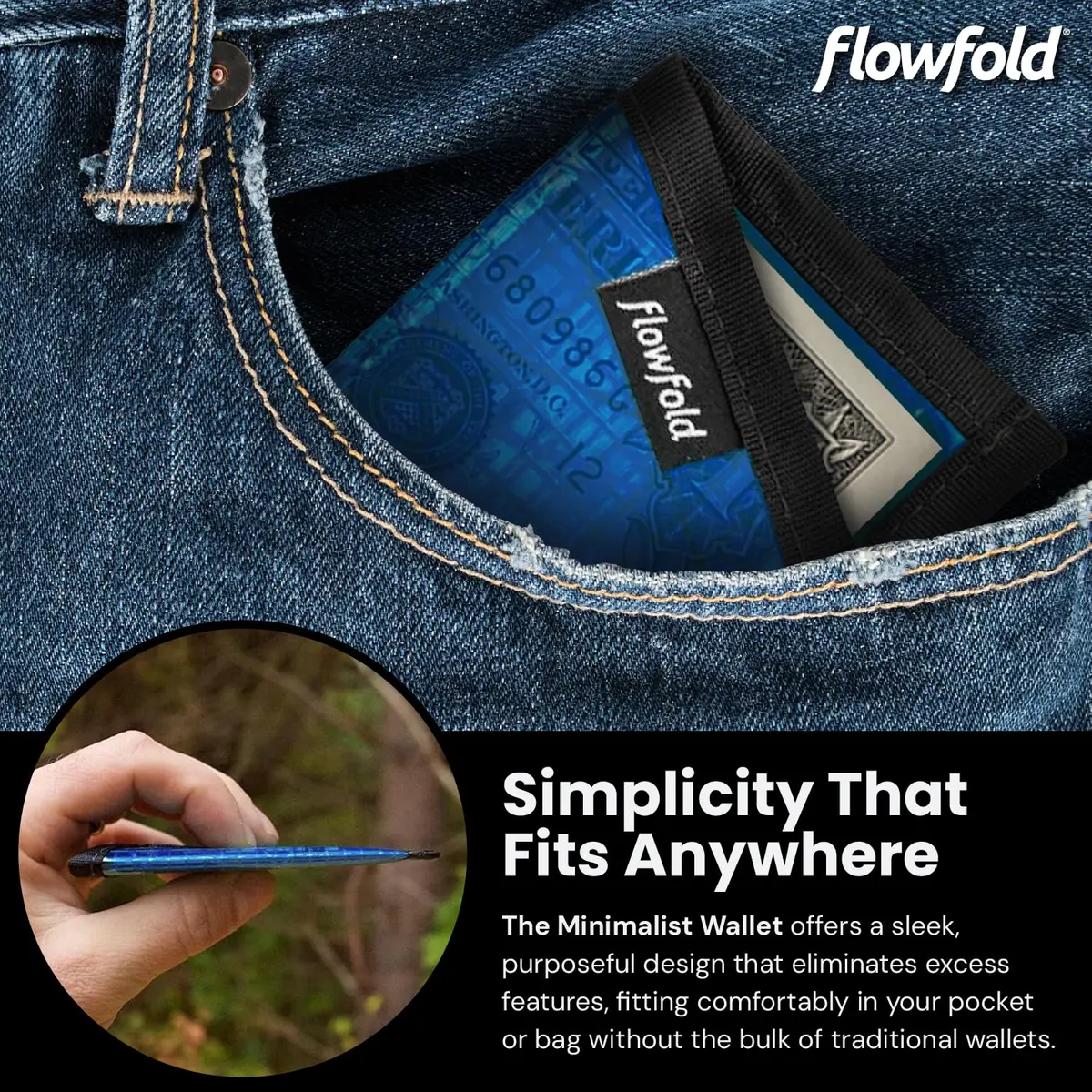 Flowfold Recycled Sailcloth Minimalist Card Holder Wallet | Slim & Durable, Made in USA, Holds 6-8 Cards, Blue Sailcloth - view 3
