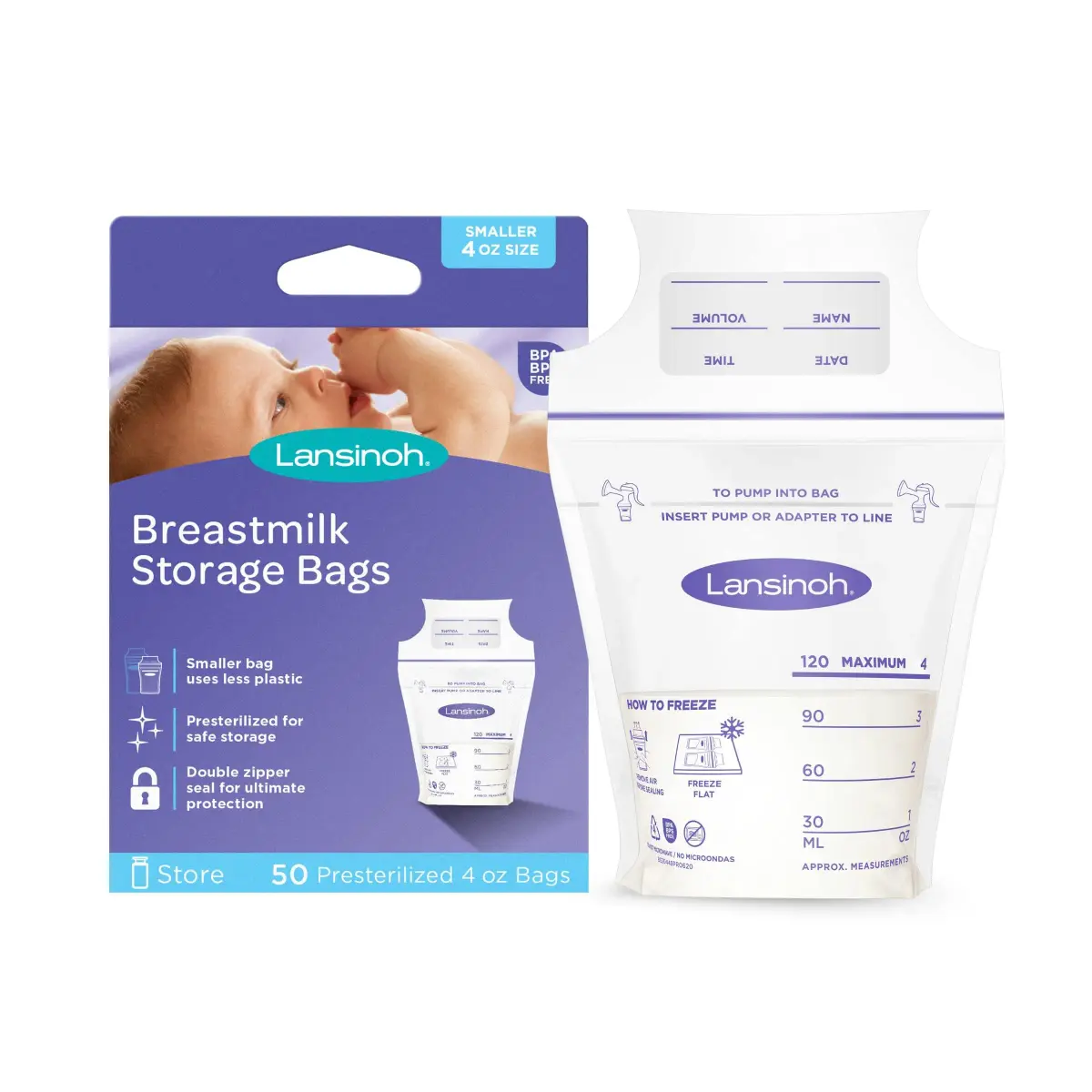 Lansinoh Breastmilk Storage Bags 4oz (120ml) | 50 Count, BPA/BPS Free, Double Zipper Seal - main product image