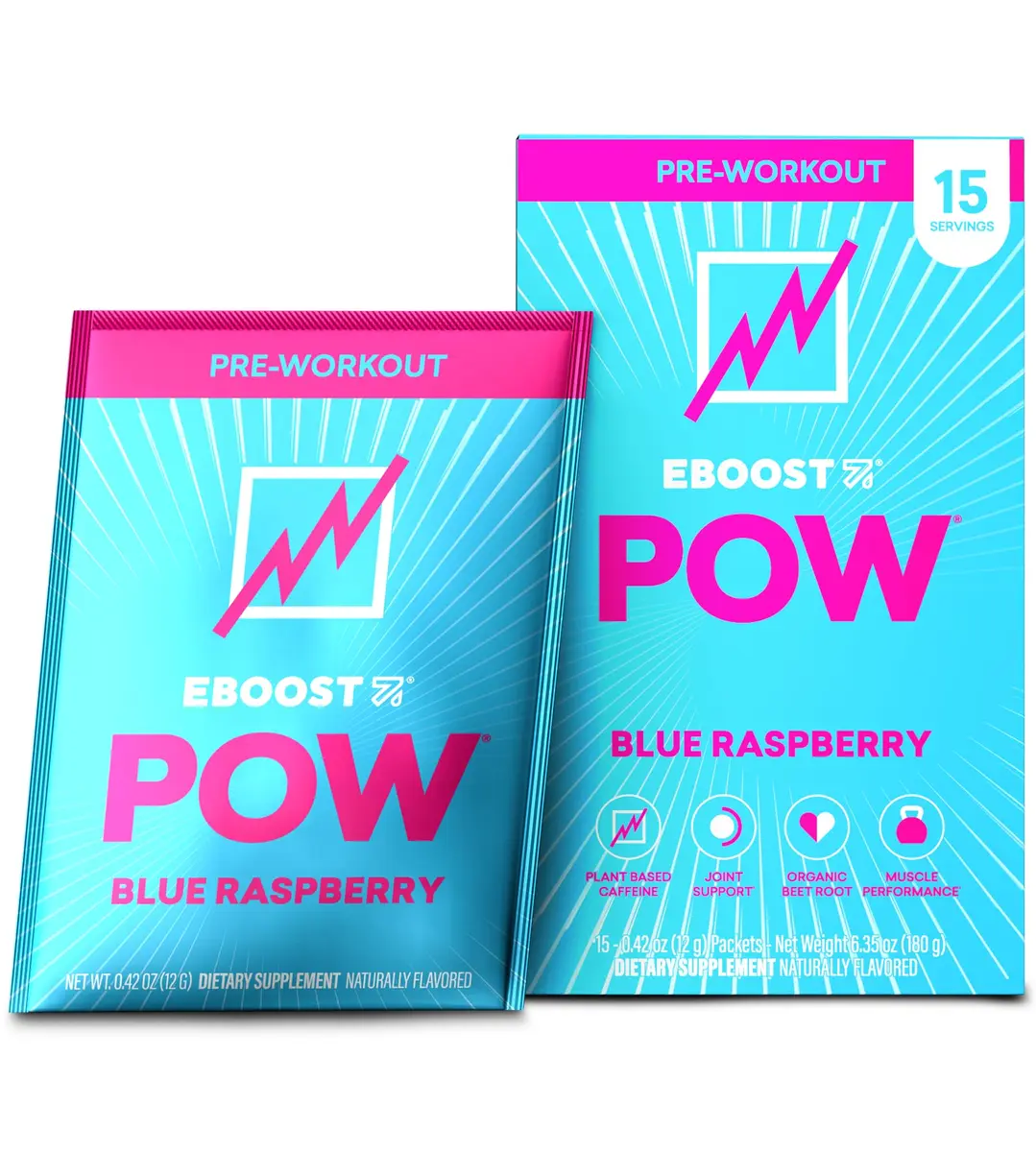 EBOOST POW Natural Pre Workout Powder 15 Packets | Blue Raspberry Energy & Performance Support - main product image