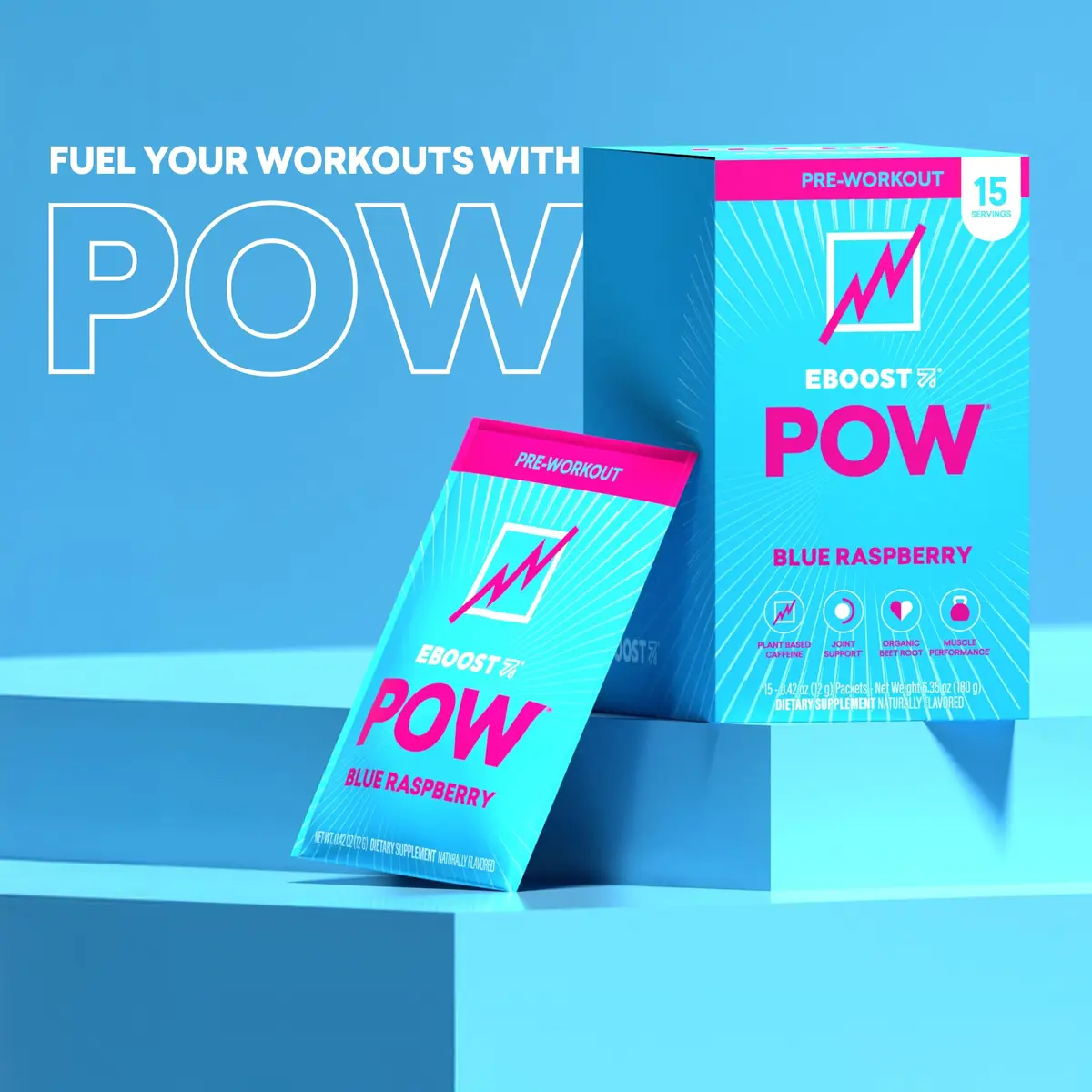 EBOOST POW Natural Pre Workout Powder 15 Packets | Blue Raspberry Energy & Performance Support - view 9