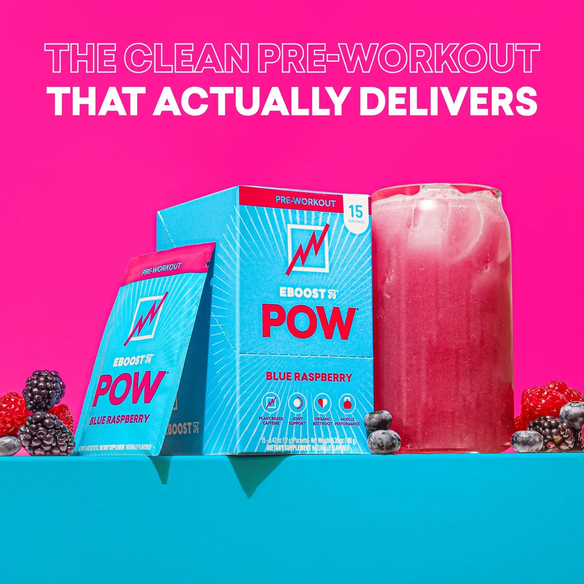 EBOOST POW Natural Pre Workout Powder 15 Packets | Blue Raspberry Energy & Performance Support - view 3