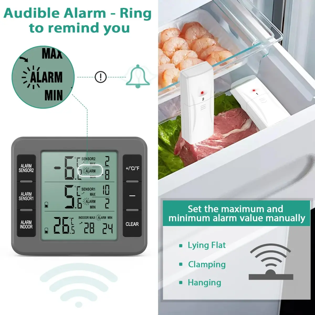 ORIA Wireless Refrigerator Thermometer with 2 Sensors | Indoor/Outdoor -40°C to 60°C - view 3