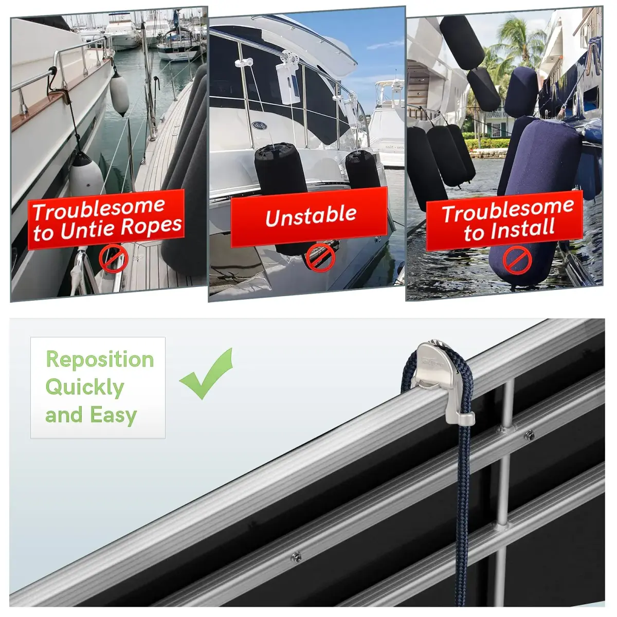 SailVoya Adjustable Pontoon Boat Fender Clips (4 Pack) | Securely Mounts 1-1.25 inch Square Rails - view 5