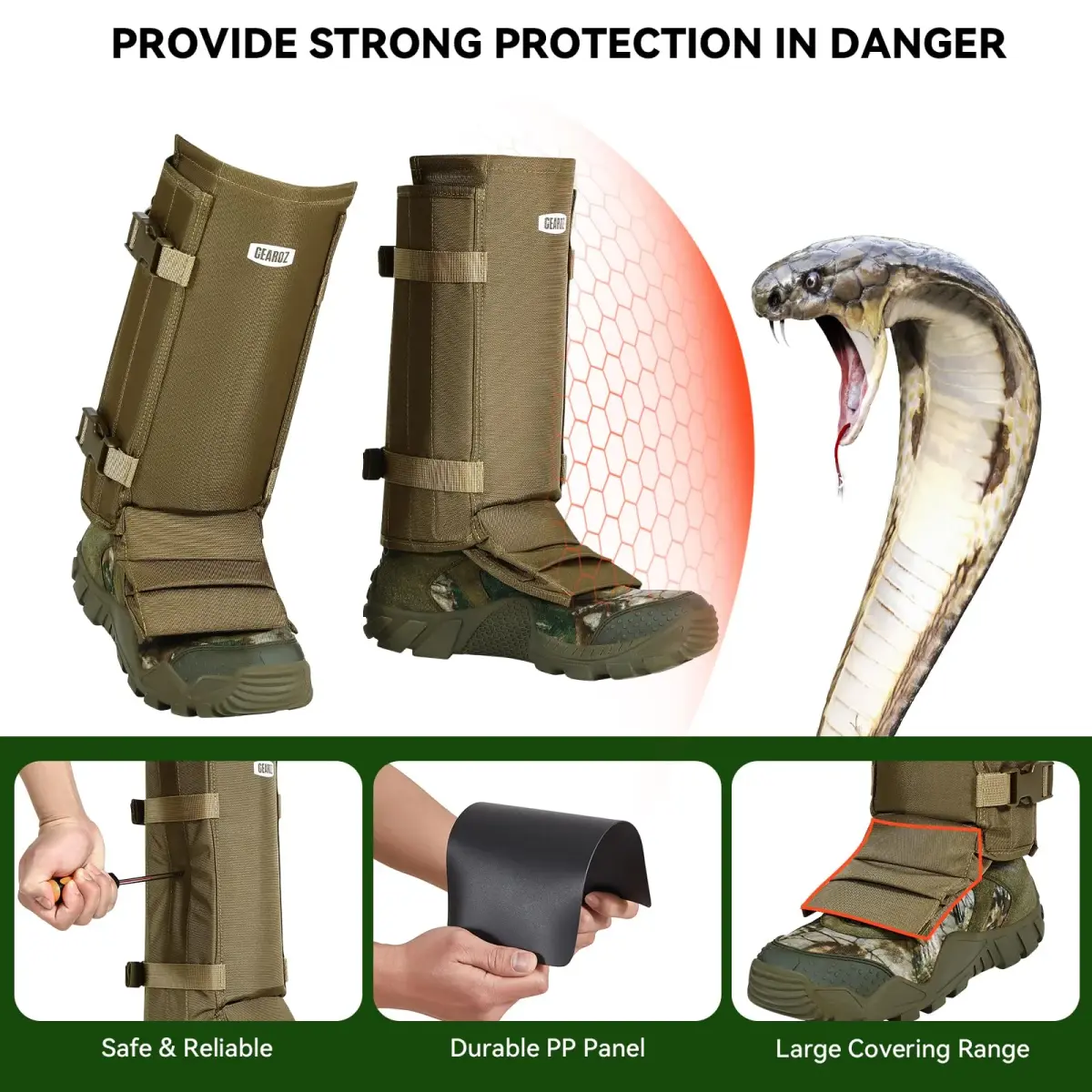 GearOZ Snake Gaiters Chaps Khaki | 1000D Oxford & Polypropylene Anti-Snake Bite Guards for Men & Women - view 3