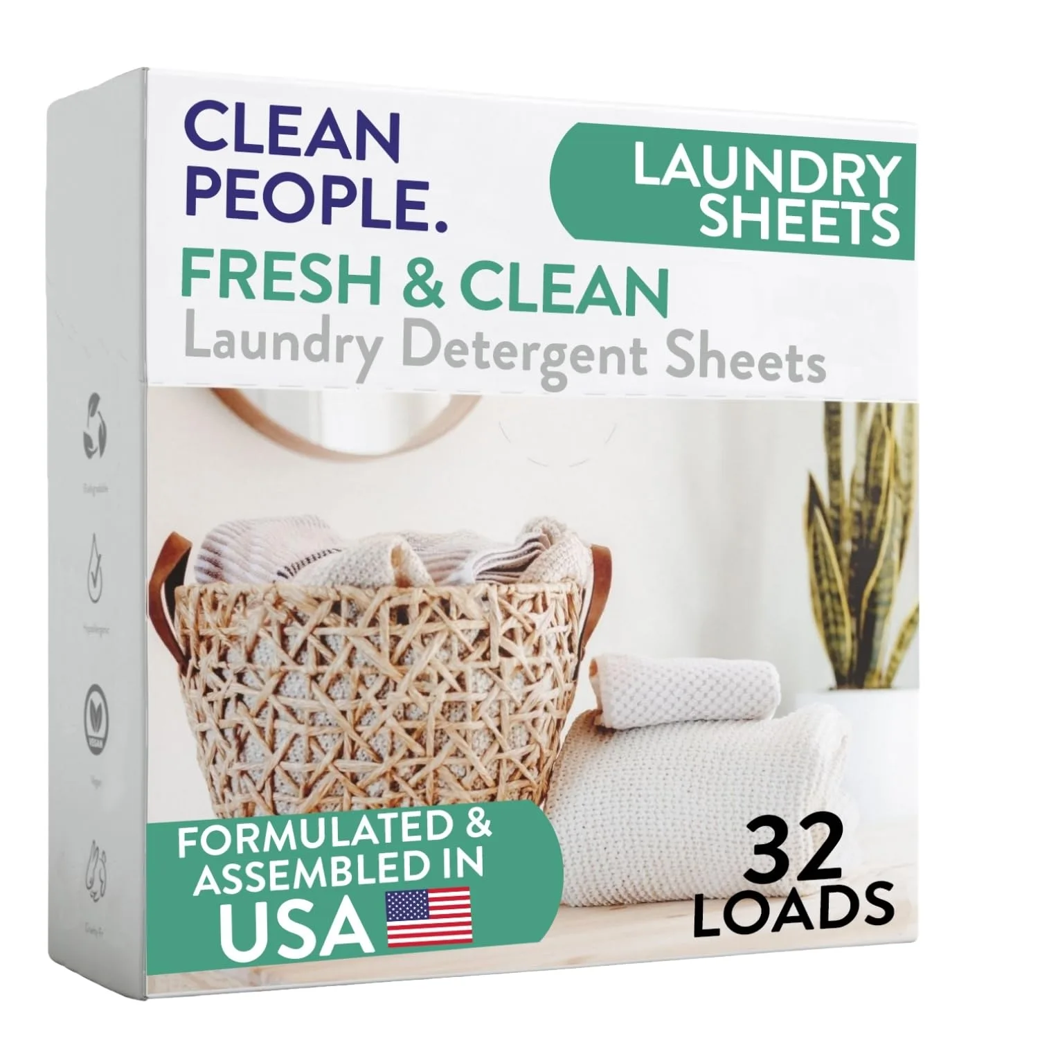 THE CLEAN PEOPLE Laundry Detergent Sheets - Fresh Scent, 32 Count | Biodegradable & Hypoallergenic Formula - main product image
