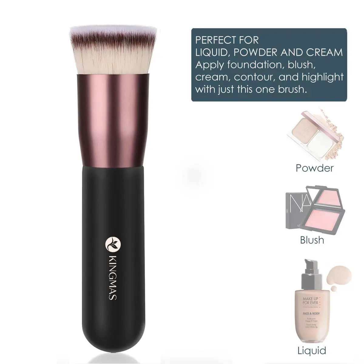 KINGMAS Flat Top Kabuki Foundation Brush Black | Premium Makeup Brush for Liquid, Cream, Powder, Blush, Buffing, Stippling - view 6