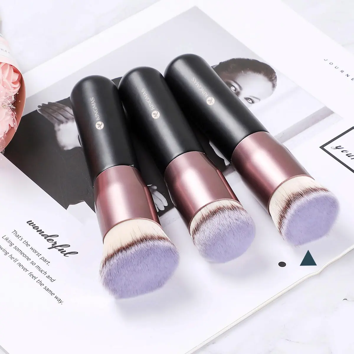 KINGMAS Flat Top Kabuki Foundation Brush Black | Premium Makeup Brush for Liquid, Cream, Powder, Blush, Buffing, Stippling - view 8