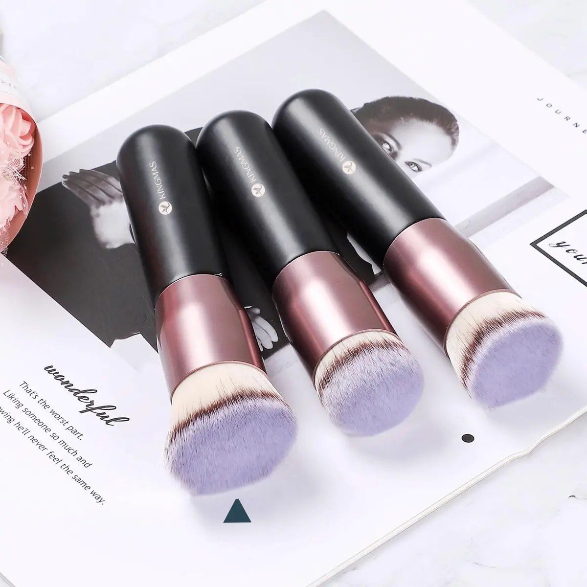 KINGMAS Angled Top Foundation Brush for Liquid, Cream, Powder, Blush Buffing Stippling Face Makeup Tools Black | Premium Synthetic Bristle Brush - view 7