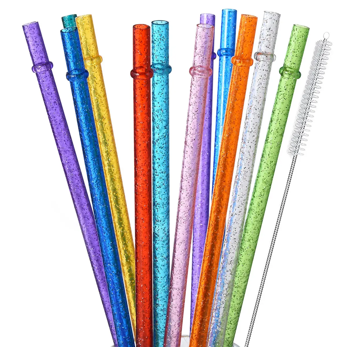 ALINK 12-Pack Glitter Plastic Tumbler Straws 28cm (11") | Reusable Hard Plastic Straws with Cleaning Brush - main product image