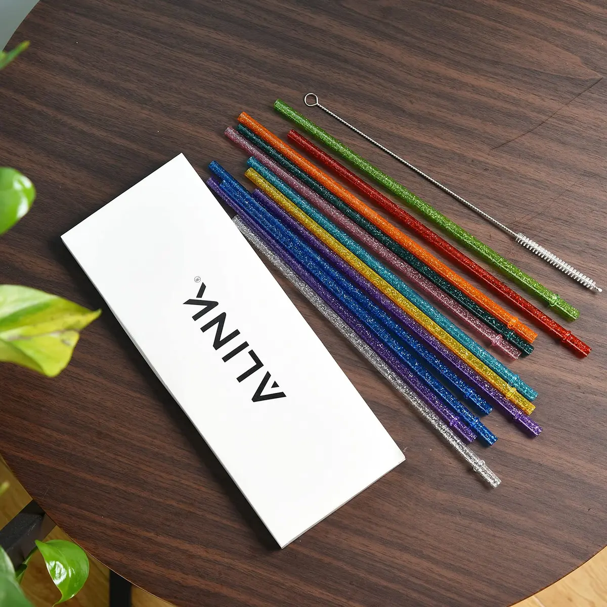 ALINK 12-Pack Glitter Plastic Tumbler Straws 28cm (11") | Reusable Hard Plastic Straws with Cleaning Brush - view 7