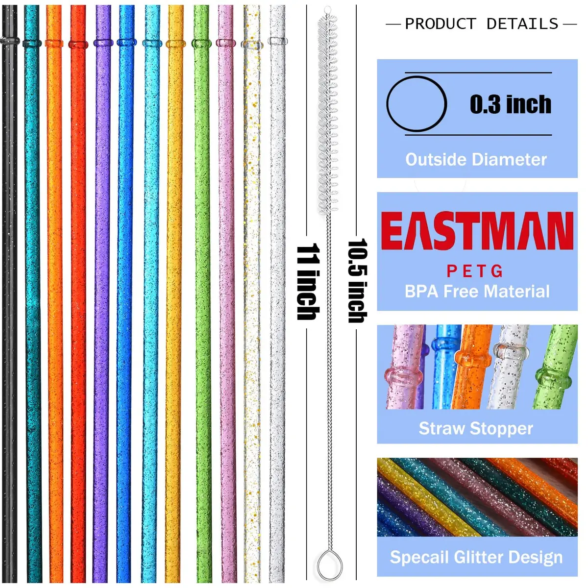 ALINK 12-Pack Glitter Plastic Tumbler Straws 28cm (11") | Reusable Hard Plastic Straws with Cleaning Brush - view 2