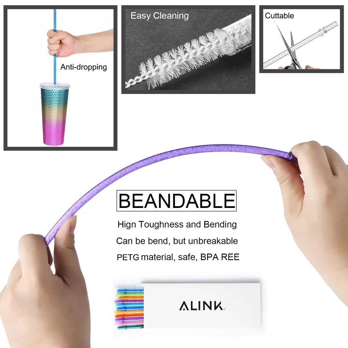 ALINK 12-Pack Glitter Plastic Tumbler Straws 28cm (11") | Reusable Hard Plastic Straws with Cleaning Brush - view 3