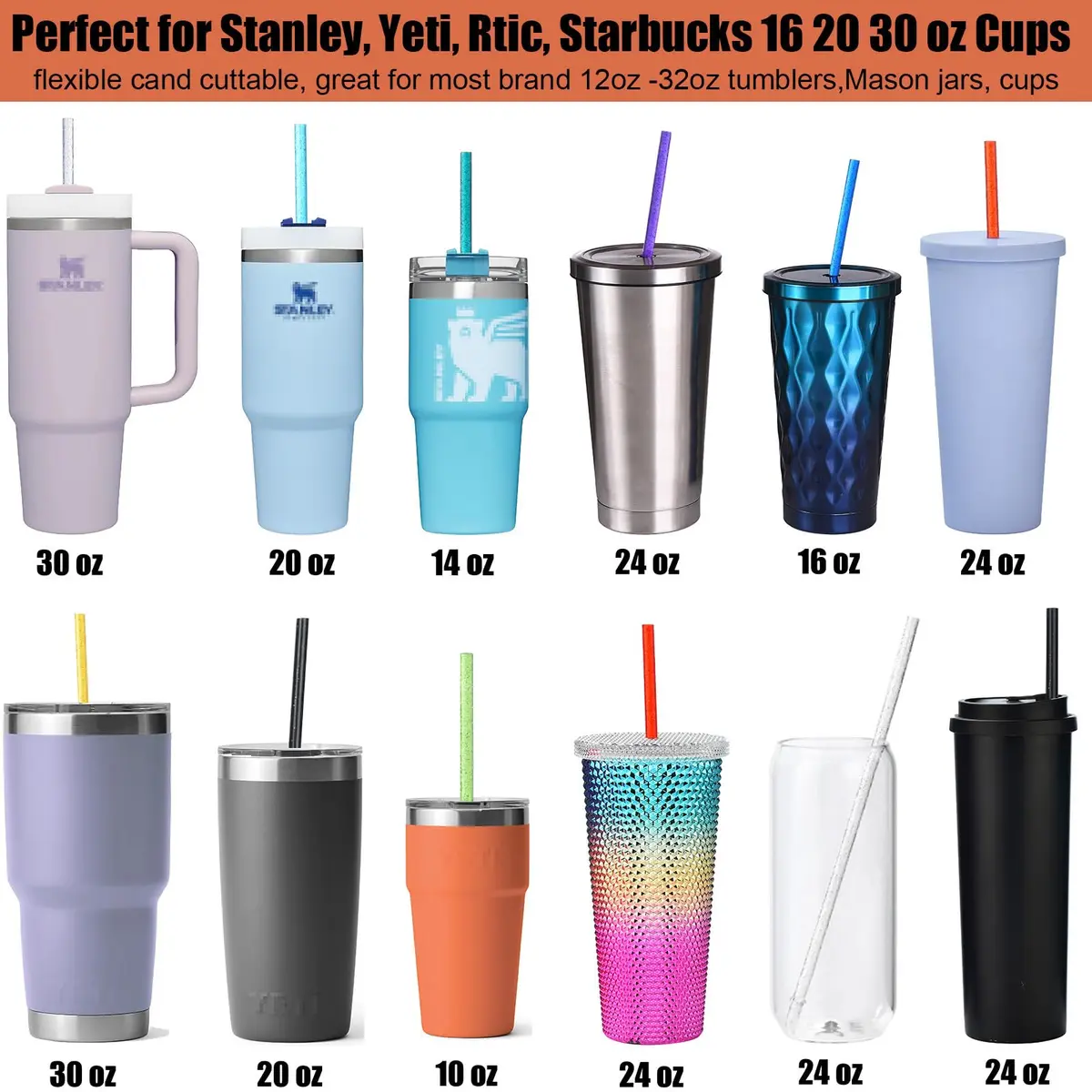 ALINK 12-Pack Glitter Plastic Tumbler Straws 28cm (11") | Reusable Hard Plastic Straws with Cleaning Brush - view 4