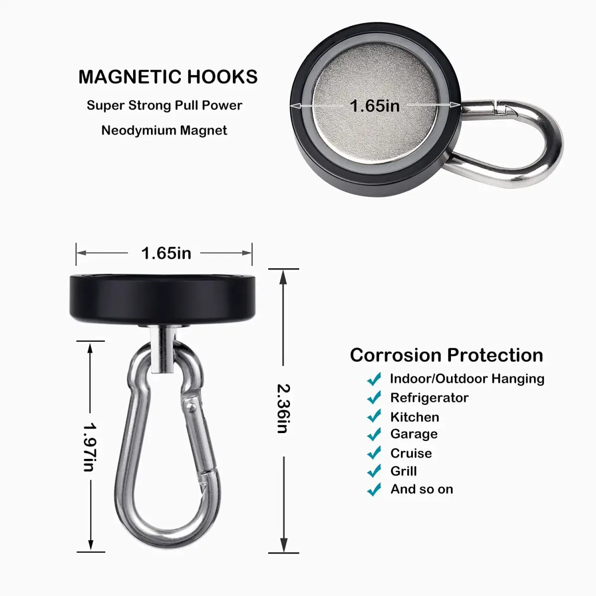 WELLZEER Heavy Duty Magnetic Hooks 170lbs Black 2-Pack | Swiveling Carabiner for Industrial Garages & Kitchens - view 5