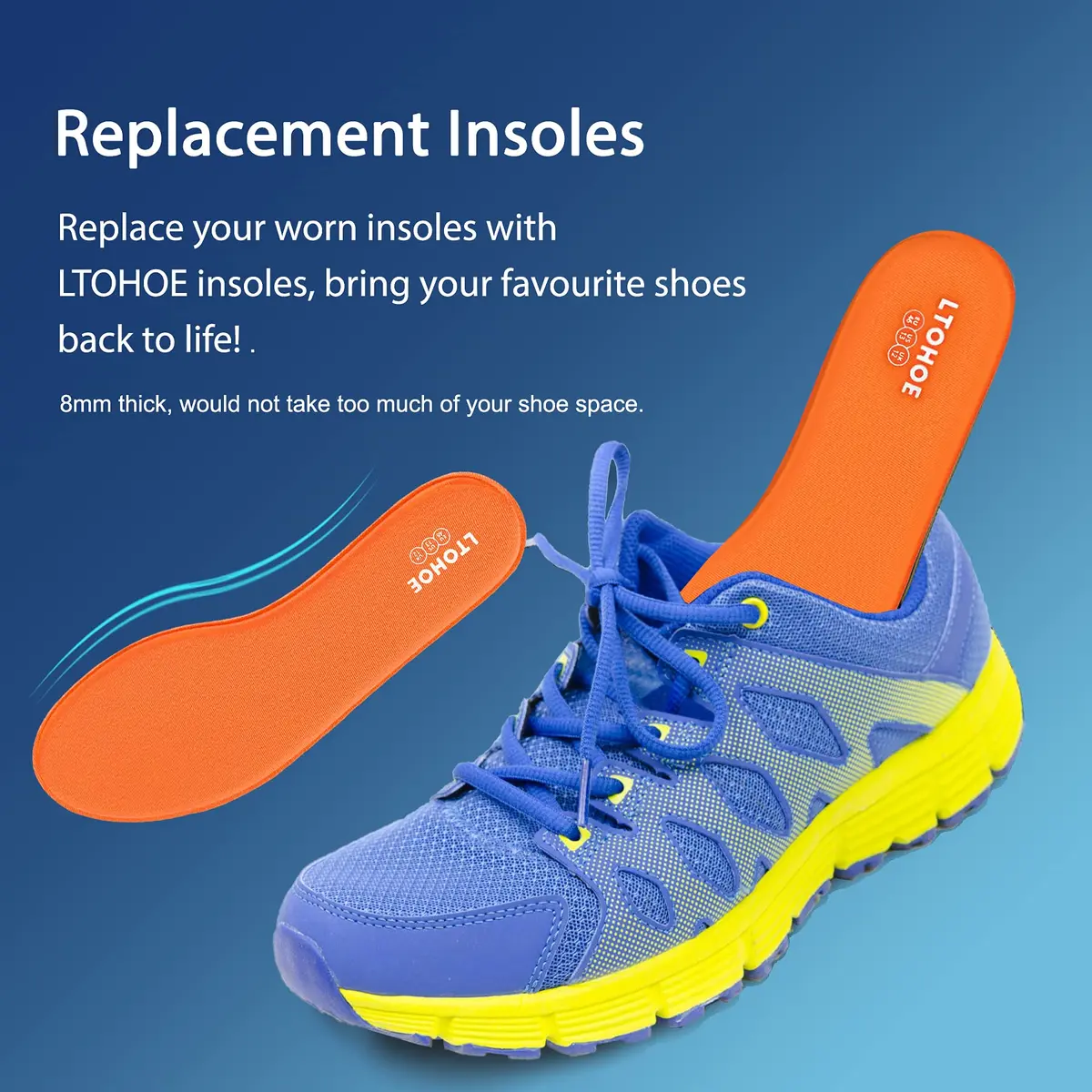 LTOHOE Memory Foam Insoles for Men | Replacement Shoe Inserts for Running & Hiking, 8mm Orange US 8 - view 5