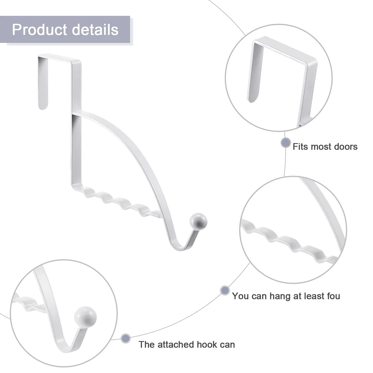 Hotop 2 Pcs Metal Over The Door Hooks | Heavy Duty Clothes Hanger, White, 6.6 x 1.5 x 4 Inches - view 3