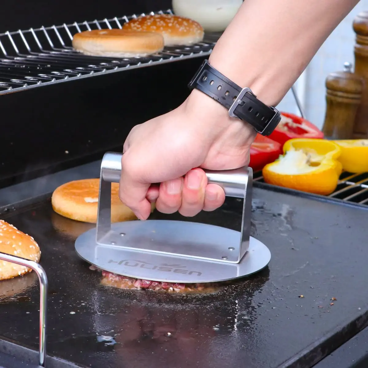 HULISEN Stainless Steel Burger Press 6.2-Inch Round | Flat, Non-Stick, Dishwasher Safe - view 3
