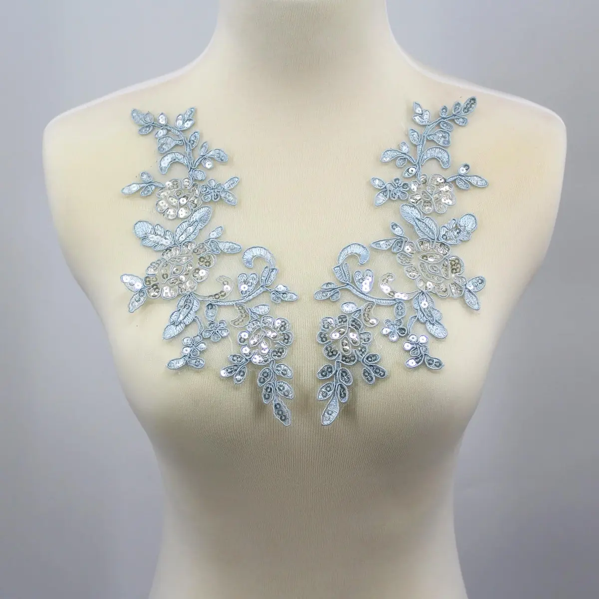 SUNMOVE Sky Blue Sequin Lace Applique Pair 25cm x 10cm | Bridal DIY Craft Motif - main product image