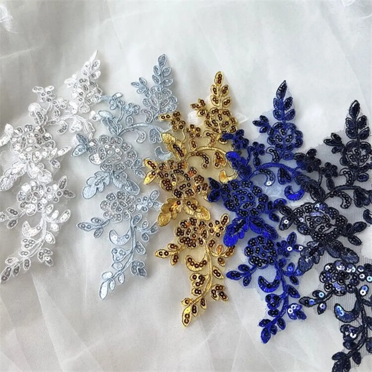 SUNMOVE Sky Blue Sequin Lace Applique Pair 25cm x 10cm | Bridal DIY Craft Motif - view 6