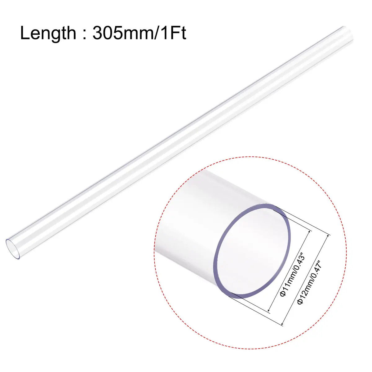 uxcell Rigid Clear Polycarbonate Tubing 11mm ID x 12mm OD x 30.5cm (1Ft) | Durable, High Transparency - view 2