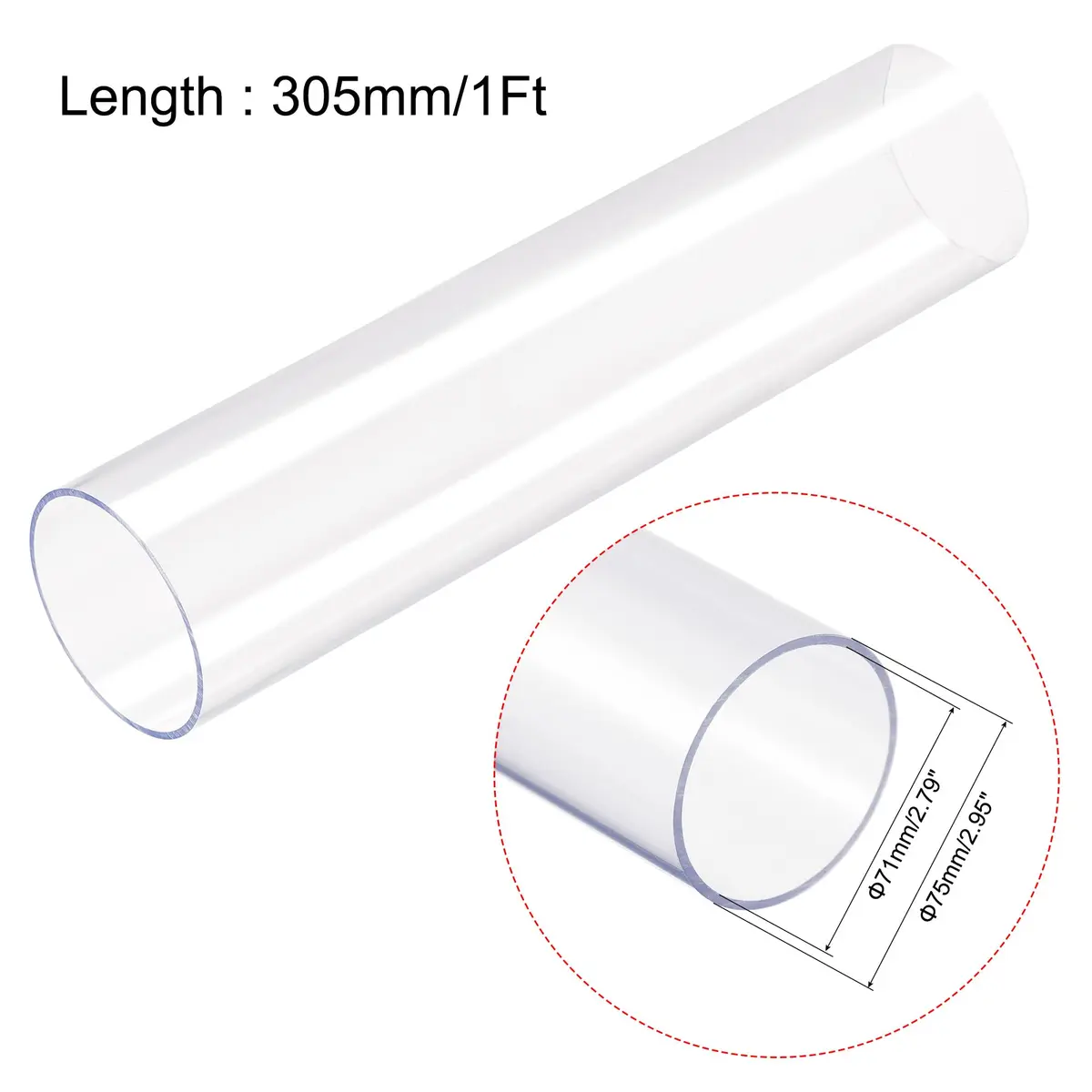 uxcell Clear Polycarbonate Rigid Round Tubing 71mm ID x 75mm OD x 305mm (1Ft) Length | Industrial Raw Material for DIY & Hardware - view 2