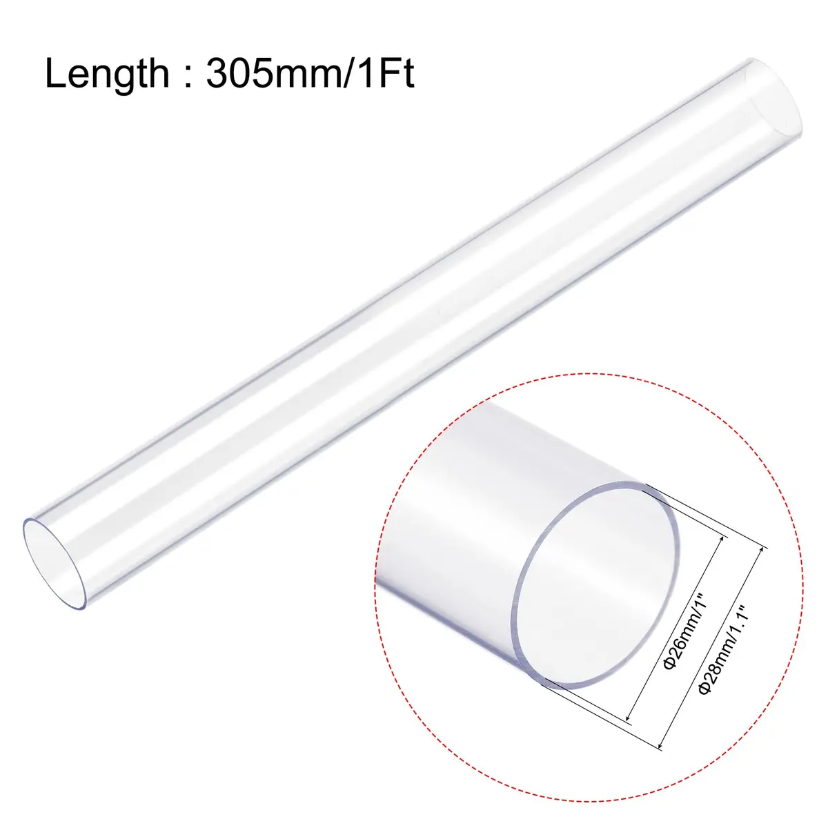 uxcell Rigid Round Clear Tubing 26mm ID x 28mm OD 1Ft | Impact-Resistant Polycarbonate Tube - view 2