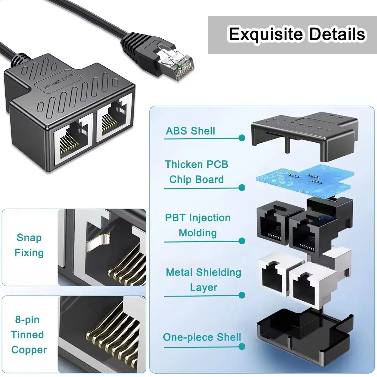 AKWOR Ethernet Splitter 1 to 2 | Double Ethernet Cable Adapter for Cat 5/5e/6/7/8 | Starlink Compatible - view 6
