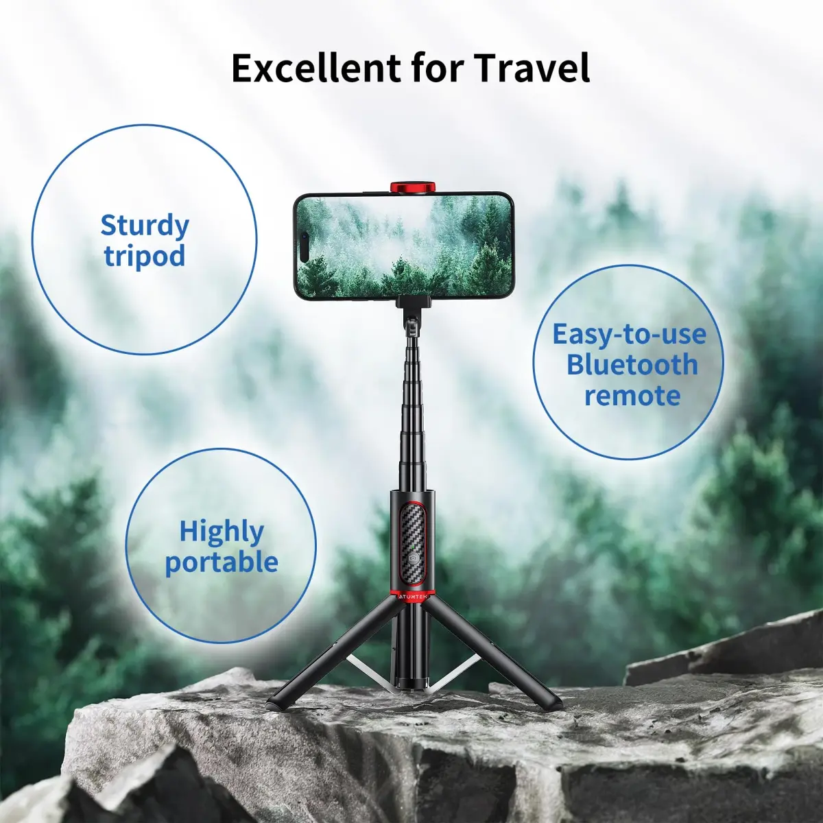 ATUMTEK Selfie Stick Tripod with Bluetooth Remote, 7.7"-31.3" Extendable Aluminum Pole for iPhone & Samsung Smartphones, Red | Integrated 3-in-1 Design - view 5